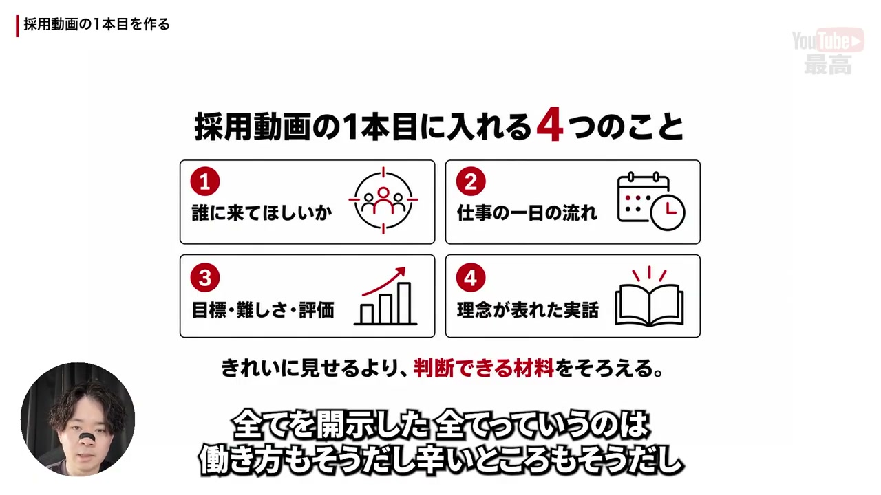 関連動画では、採用動画に必要な情報を4つに整理しています。本記事では、仕事の実態を伝える情報を6項目に分けて解説しています。